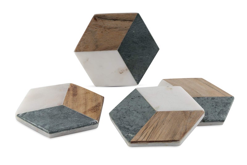 GoCraft Hexagon Geometric Coasters  Handcrafted Geometric Coasters with Green for Your Drinks Beverages  WineBar Glasses  Green Marble  Wood Inlay on White Marble Base Set of 4