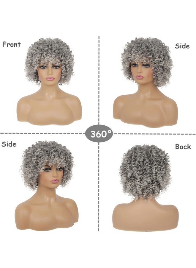 Tseses Short Curly Grey Wig for Women Fluffy Layered Gray Old Lady Synthetic Wigs with Bangs Natural Looking Daily Cosplay Halloween Hair Wigs - Image 3