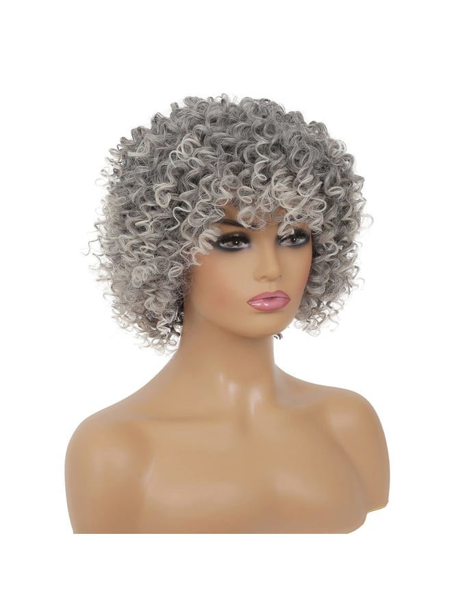Tseses Short Curly Grey Wig for Women Fluffy Layered Gray Old Lady Synthetic Wigs with Bangs Natural Looking Daily Cosplay Halloween Hair Wigs - Image 5