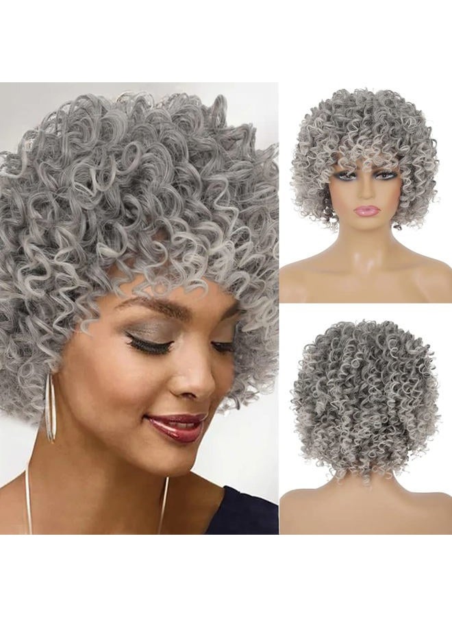 Tseses Short Curly Grey Wig for Women Fluffy Layered Gray Old Lady Synthetic Wigs with Bangs Natural Looking Daily Cosplay Halloween Hair Wigs - Image 1