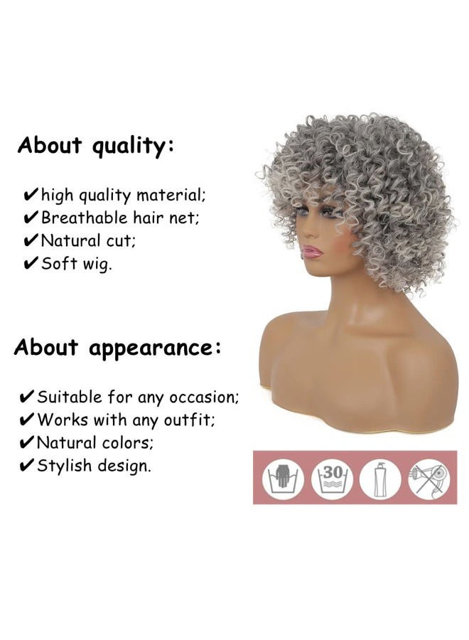 Tseses Short Curly Grey Wig for Women Fluffy Layered Gray Old Lady Synthetic Wigs with Bangs Natural Looking Daily Cosplay Halloween Hair Wigs - Image 4
