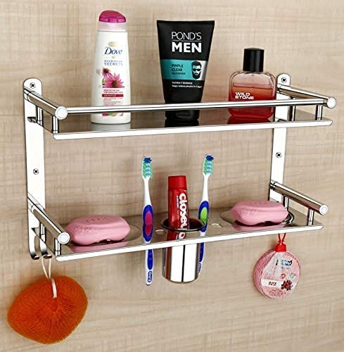 iSTAR Multi use Rack Stainless Steel Bathroom Shelf/Kitchen Shelf with Wall Storage Organizer with Double Soap Dish and Tumbler Holder Soap Holder Toothbrush Holder - Image 4