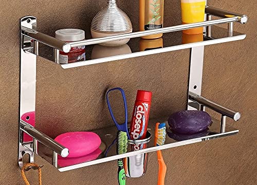 iSTAR Multi use Rack Stainless Steel Bathroom Shelf/Kitchen Shelf with Wall Storage Organizer with Double Soap Dish and Tumbler Holder Soap Holder Toothbrush Holder - Image 3