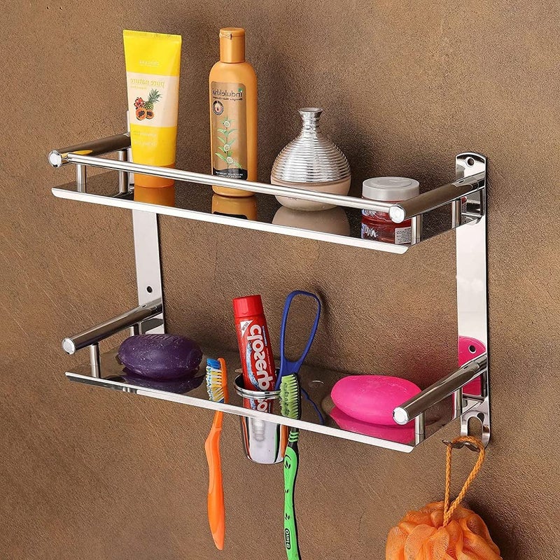 iSTAR Multi use Rack Stainless Steel Bathroom Shelf/Kitchen Shelf with Wall Storage Organizer with Double Soap Dish and Tumbler Holder Soap Holder Toothbrush Holder - Image 2