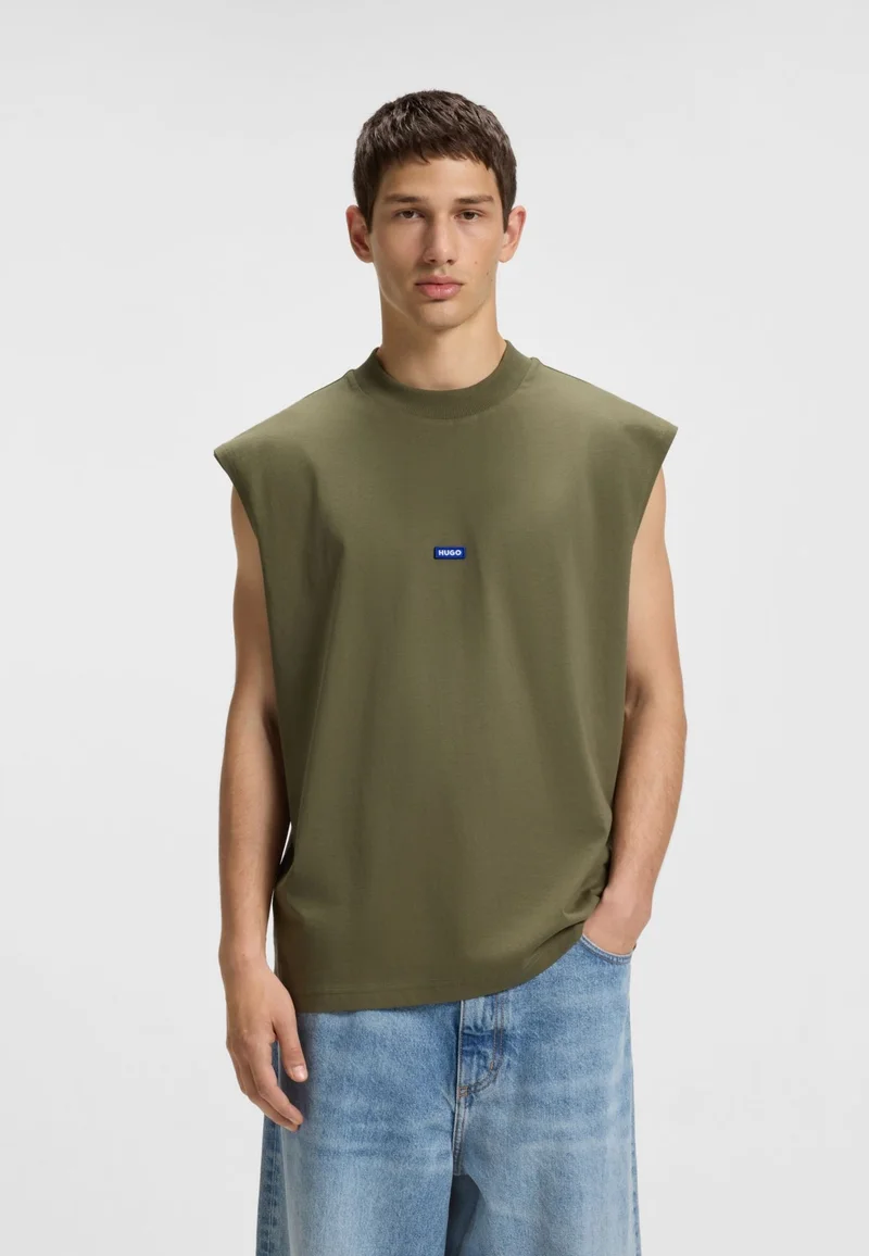 HUGO Sleeveless cotton-jersey T-shirt with blue logo label