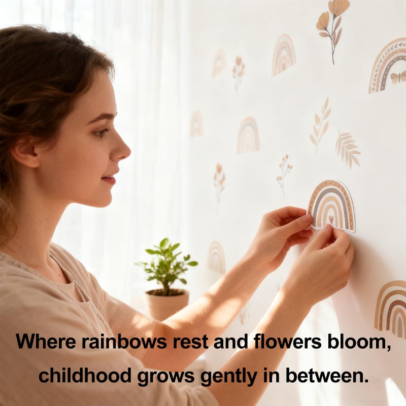 YouRfocus Boho Rainbow Floral Wall Decals for Nursery & Kids Room â€“ Set of 96 Removable Peel and Stick Wall Stickers, Neutral Boho Home Decor (12 Sheets - Image 4