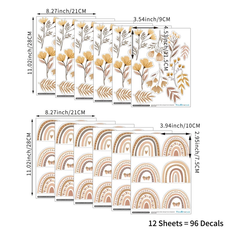 YouRfocus Boho Rainbow Floral Wall Decals for Nursery & Kids Room â€“ Set of 96 Removable Peel and Stick Wall Stickers, Neutral Boho Home Decor (12 Sheets - Image 3