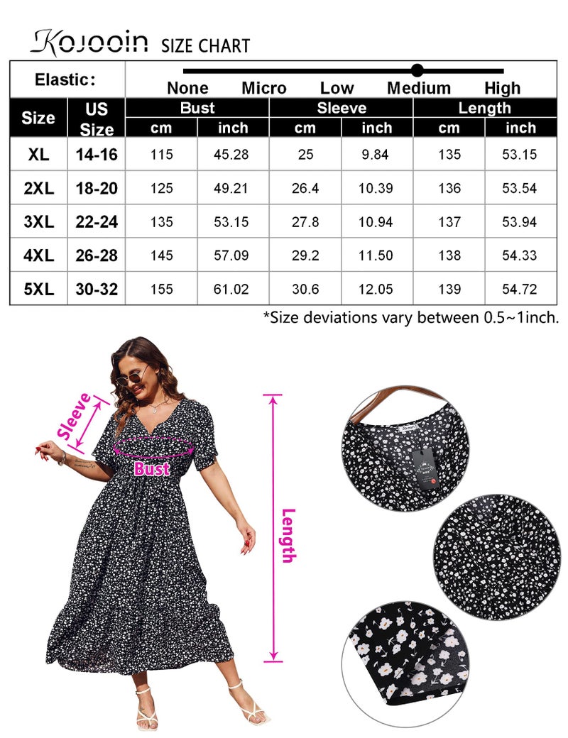 KOJOOIN Women Plus Size V Neck Wrap Maxi Dress Short Sleeves High Waist Ruffle Summer Casual Dress with Belt Black Flower 3XL - Image 5