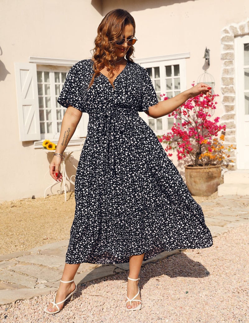 KOJOOIN Women Plus Size V Neck Wrap Maxi Dress Short Sleeves High Waist Ruffle Summer Casual Dress with Belt Black Flower 3XL - Image 2