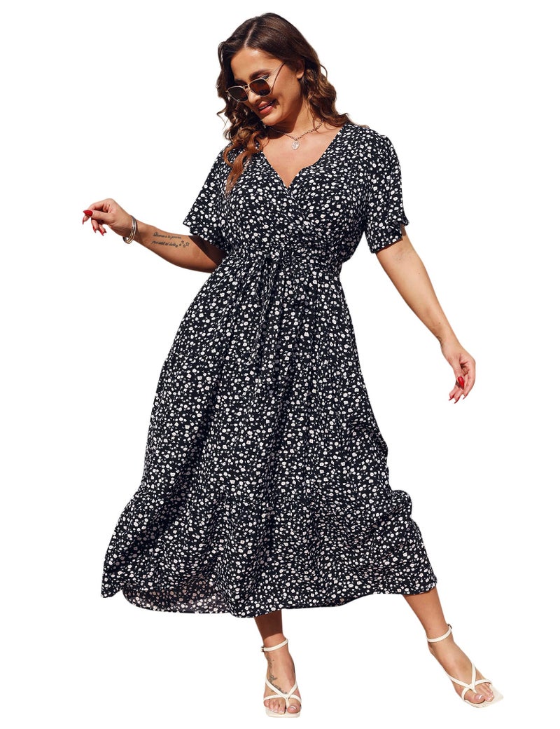 KOJOOIN Women Plus Size V Neck Wrap Maxi Dress Short Sleeves High Waist Ruffle Summer Casual Dress with Belt Black Flower 3XL - Image 1