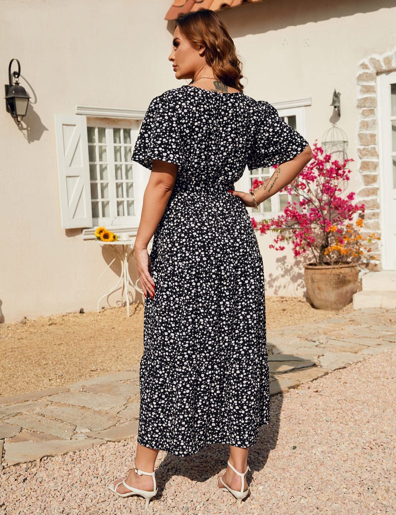 KOJOOIN Women Plus Size V Neck Wrap Maxi Dress Short Sleeves High Waist Ruffle Summer Casual Dress with Belt Black Flower 3XL - Image 4