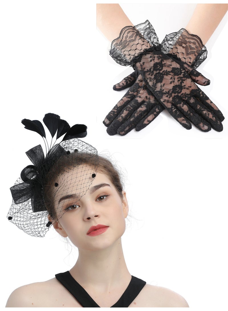 قبعة نسائية فاتنة قبعة عتيقة بغطاء من الريش قبعة حفل شاي ديربي عصابة رأس وقفازات قصيرة من الدانتيل المزين بالزهور، أسود - Image 1
