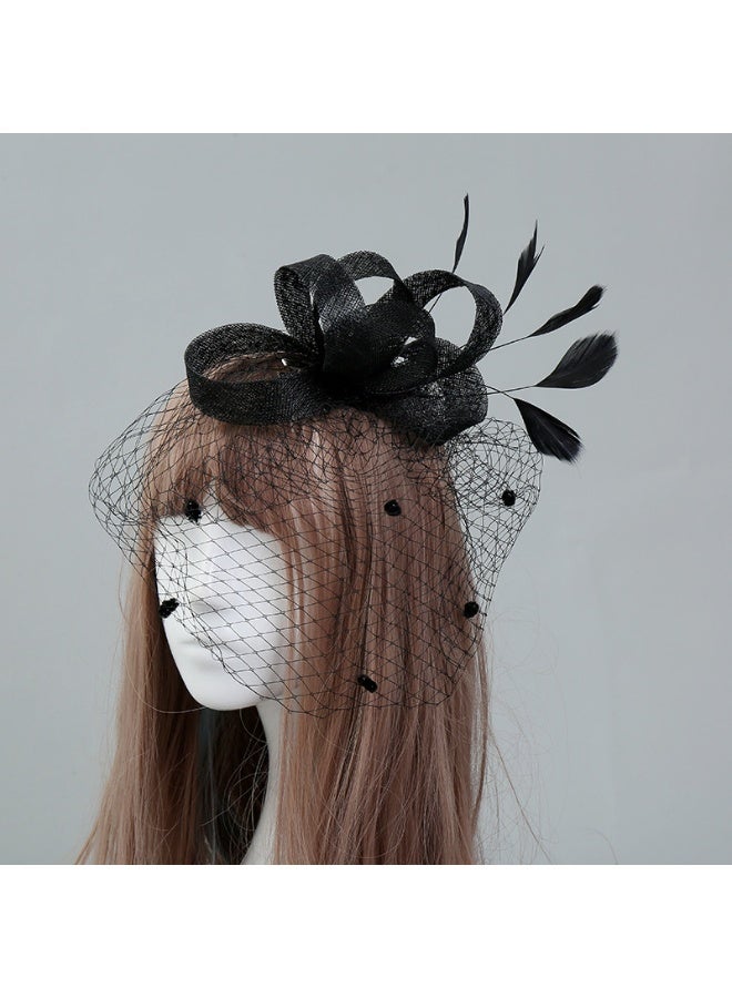 قبعة نسائية فاتنة قبعة عتيقة بغطاء من الريش قبعة حفل شاي ديربي عصابة رأس وقفازات قصيرة من الدانتيل المزين بالزهور، أسود - Image 2
