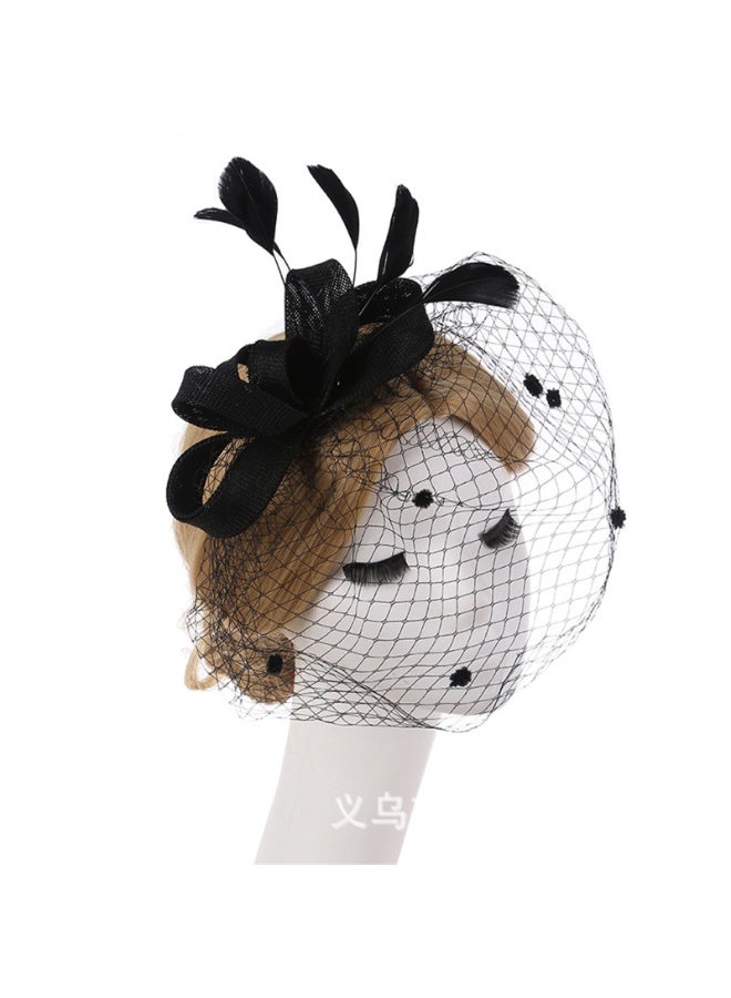 قبعة نسائية فاتنة قبعة عتيقة بغطاء من الريش قبعة حفل شاي ديربي عصابة رأس وقفازات قصيرة من الدانتيل المزين بالزهور، أسود - Image 3