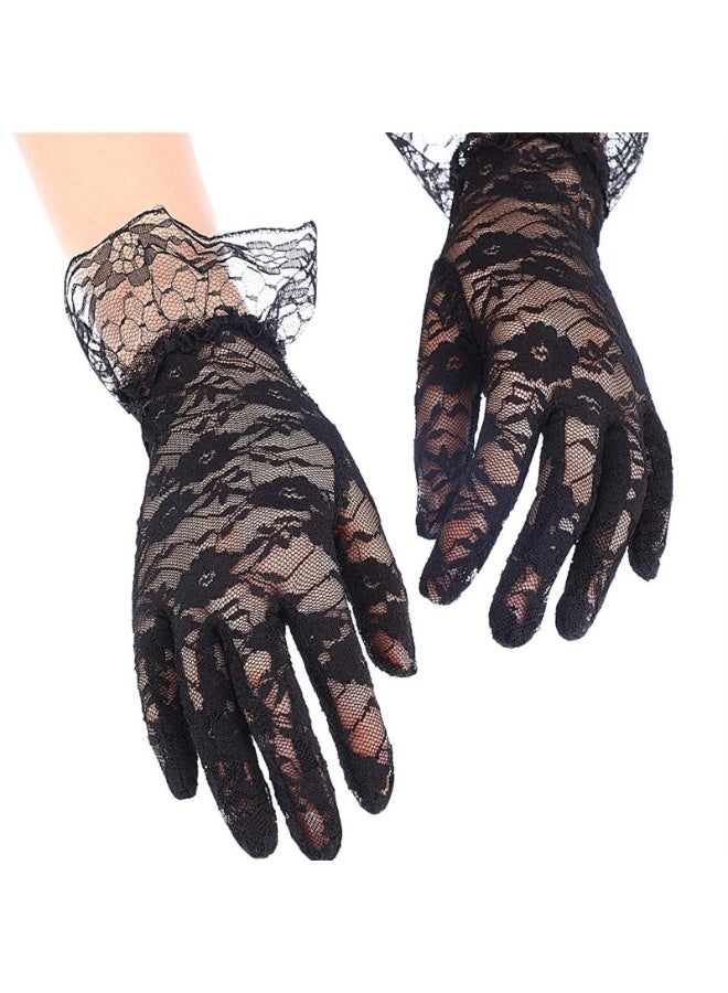 قبعة نسائية فاتنة قبعة عتيقة بغطاء من الريش قبعة حفل شاي ديربي عصابة رأس وقفازات قصيرة من الدانتيل المزين بالزهور، أسود - Image 5