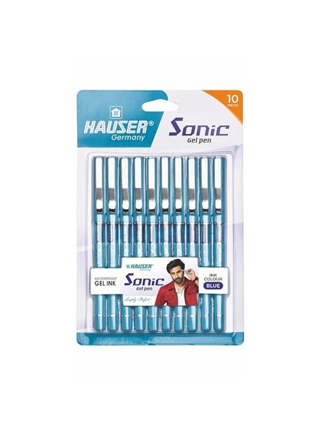 Hauser Sonic 0.55mm Gel Pen Blister Pack | Attractive Foiled Body | Stylish Metal Clip | Refillable & Waterproof Gel Ink | German Technology For Smooth & Effortless Writing | Blue Ink, Set of 10 Pens - Image 1