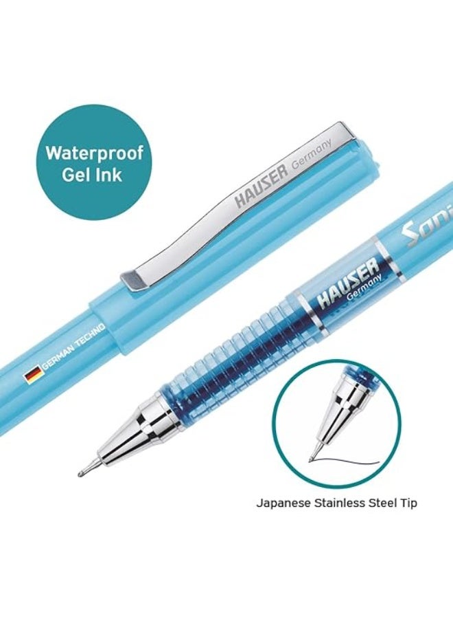 Hauser Sonic 0.55mm Gel Pen Blister Pack | Attractive Foiled Body | Stylish Metal Clip | Refillable & Waterproof Gel Ink | German Technology For Smooth & Effortless Writing | Blue Ink, Set of 10 Pens - Image 4