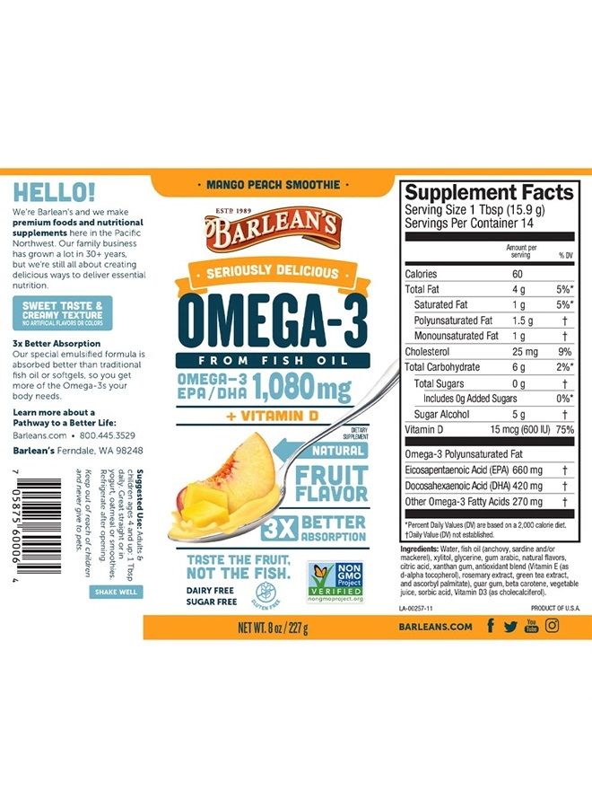 BARLEAN'S Mango Peach Omega 3 Fish Oil Liquid Supplement with Vitamin D, 1080mg EPA & DHA Fatty Acid, Smoothie Flavored & Burpless for Brain, Joint, & Heart Health, 8 oz  - Image 2