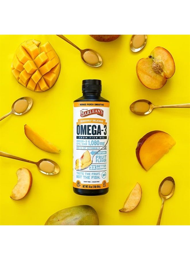 BARLEAN'S Mango Peach Omega 3 Fish Oil Liquid Supplement with Vitamin D, 1080mg EPA & DHA Fatty Acid, Smoothie Flavored & Burpless for Brain, Joint, & Heart Health, 8 oz  - Image 5