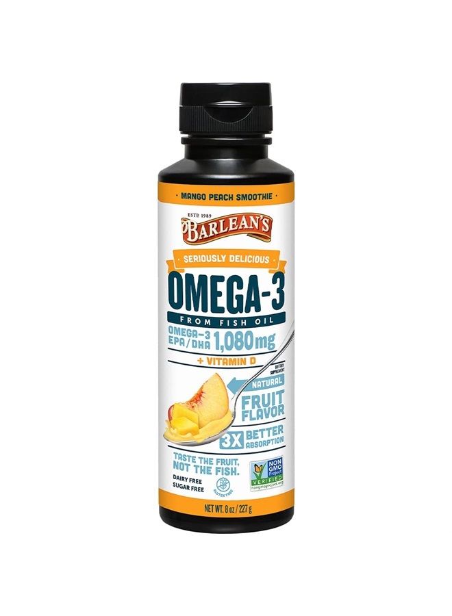 BARLEAN'S Mango Peach Omega 3 Fish Oil Liquid Supplement with Vitamin D, 1080mg EPA & DHA Fatty Acid, Smoothie Flavored & Burpless for Brain, Joint, & Heart Health, 8 oz  - Image 1
