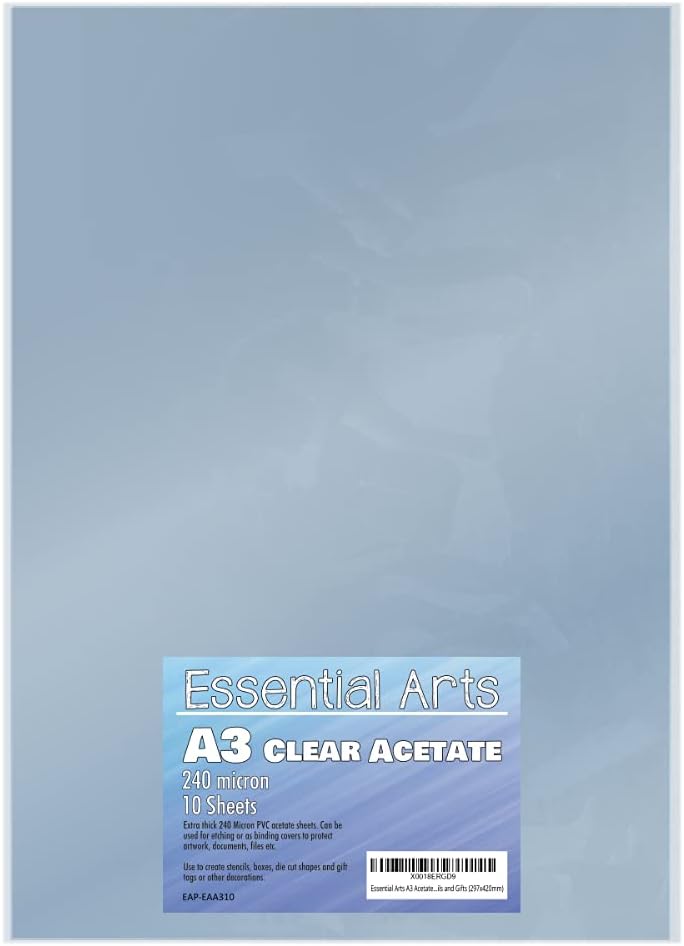 Essential Arts A3 Acetate 240 Micron Pack of 10 Sheets. Extra Thick PVC Binding Cover Can Be Used for Etching, Craft, Stencils and Gifts (297x420mm) - Image 1