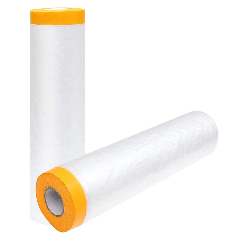 13Ft x 65 Ft Plastic Painting Drop Film 2 Pcs Tape and Drape Dust Plastic Drop Cloth PreTaped Masking Film for Automotive Painting Covering