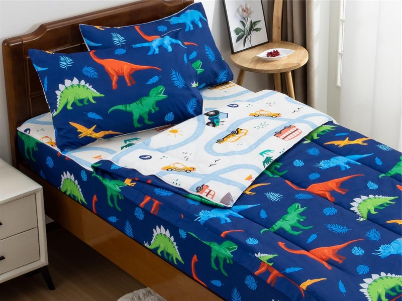 NTBED Dinosaur Printed Zipper Bedding Sets Twin Lightweight Microfiber Leaf Comforter Set with Fitted Sheet Pillow CoversBlue