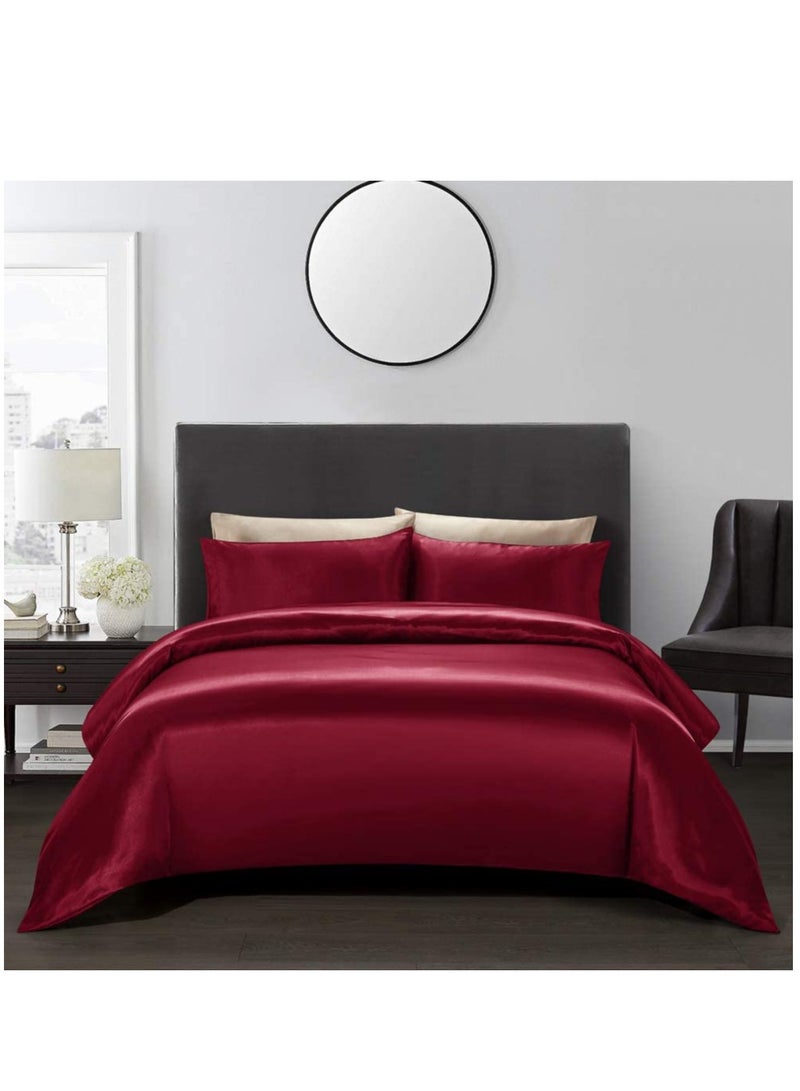 Bedding Duvet Cover Sets, 3 Pieces Satin Bedding Set, King Size Silky Duvet Covers Collection, 1x Cooling Duvet Cover 104x90 Inches and 2 Pillowcases, Comforter Not Included - Red  - Image 1
