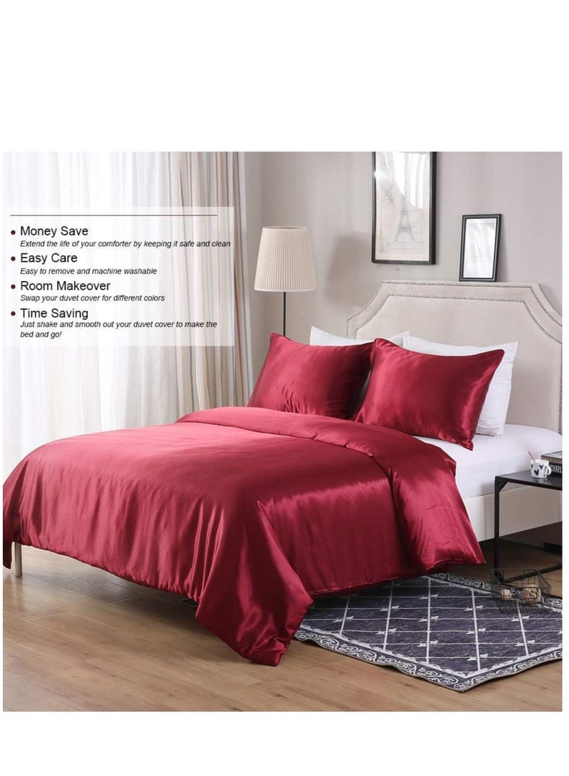 Bedding Duvet Cover Sets, 3 Pieces Satin Bedding Set, King Size Silky Duvet Covers Collection, 1x Cooling Duvet Cover 104x90 Inches and 2 Pillowcases, Comforter Not Included - Red  - Image 3