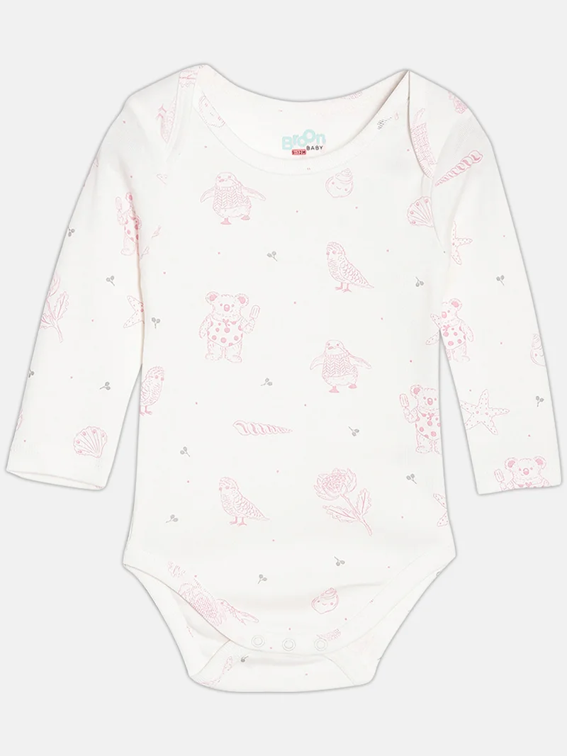 Broon Broon Infant Girls White and Pink Printed Pure Organic Cotton Bodysuit Pack of 2