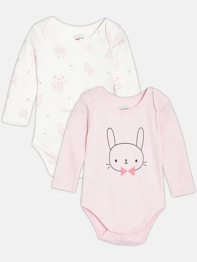 Broon Broon Infant Girls White and Pink Printed Pure Organic Cotton Bodysuit Pack of 2