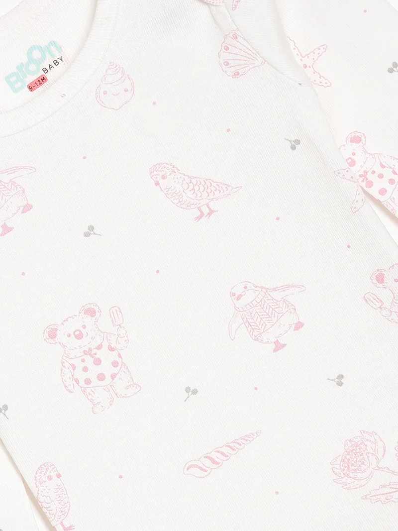 Broon Broon Infant Girls White and Pink Printed Pure Organic Cotton Bodysuit Pack of 2