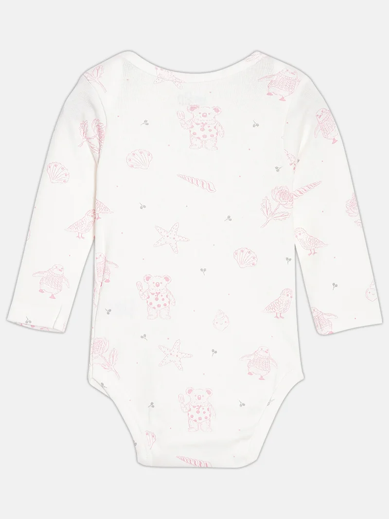 Broon Broon Infant Girls White and Pink Printed Pure Organic Cotton Bodysuit Pack of 2
