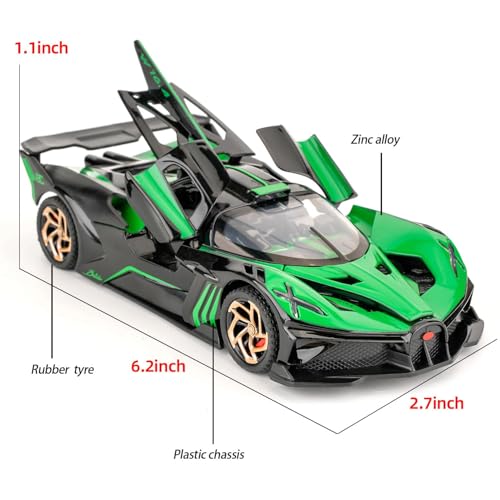 FEXXA 1/32 Bugatti Bolide Sports Model Car, Zinc Alloy Pull Back Toy Car with Sound and Light for Kids Boy Girl Gift (Green) - Image 4