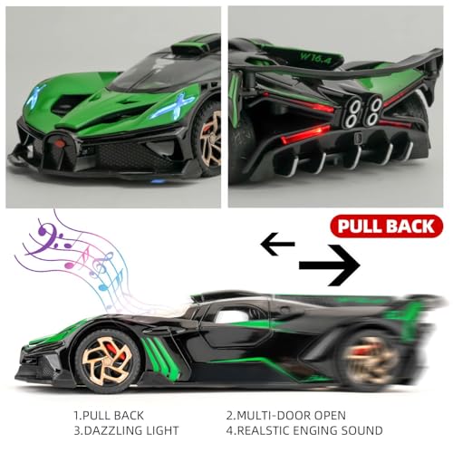 FEXXA 1/32 Bugatti Bolide Sports Model Car, Zinc Alloy Pull Back Toy Car with Sound and Light for Kids Boy Girl Gift (Green) - Image 3
