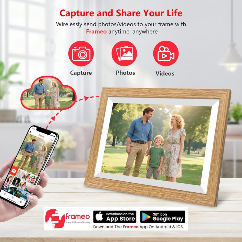 إطار صور رقمي من ، قياس 10.1 بوصة، سعة تخزين 32 جيجابايت، شاشة LCD بتقنية IPS بدقة 1280x800، يدعم الوايفاي، يقوم بتدوير الصور تلقائيًا بين وضعيات البورتريه واللاندسكيب، يسمح بمشاركة اللحظات الخاصة فورًا عبر تطبيق Frameo من أي مكان، مصنوع من الخشب. - Image 3