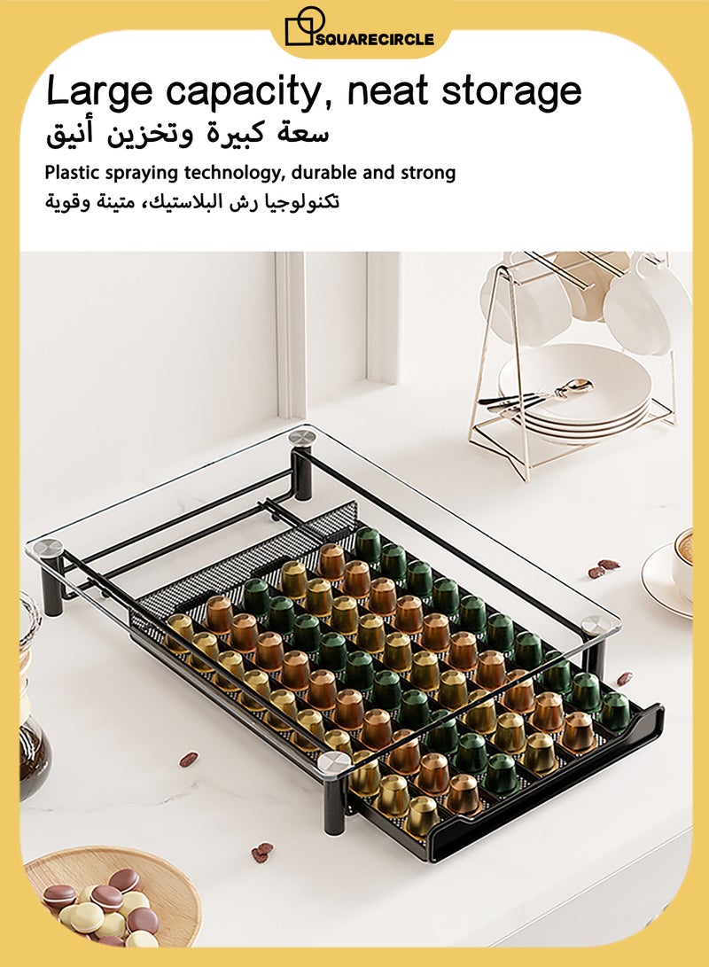 دائرة مربعة منظم أدراج حامل كبسولات القهوة بسعة 60 وعاء - لتخزين كبسولات نسبرسو مع سلال منزلقة لبار القهوة - صينية حامل كبسولات القهوة للمنزل والمطبخ والمكتب - Image 3