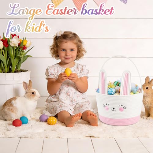 OIASKET Personalized Easter Basket for Toddler, Woven Baby Easter Gifts Basket with Handle, Empty Bunny Egg Basket for Girls Boys Kids-Large Pink - Image 5