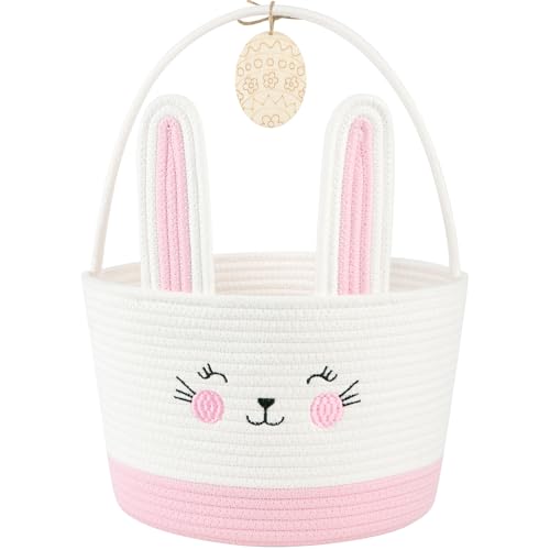 OIASKET Personalized Easter Basket for Toddler, Woven Baby Easter Gifts Basket with Handle, Empty Bunny Egg Basket for Girls Boys Kids-Large Pink - Image 1