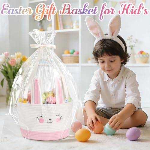 OIASKET Personalized Easter Basket for Toddler, Woven Baby Easter Gifts Basket with Handle, Empty Bunny Egg Basket for Girls Boys Kids-Large Pink - Image 3