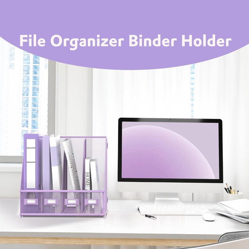 SUPEASY Magazine File Holder Desk Organiser, Metal Binder Holder with 4 Vertical Compartments for Office, Home, School, Purple - Image 2