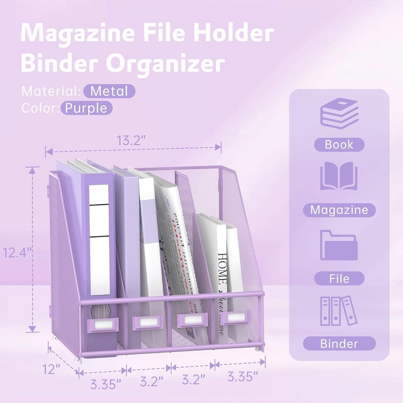 SUPEASY Magazine File Holder Desk Organiser, Metal Binder Holder with 4 Vertical Compartments for Office, Home, School, Purple - Image 3