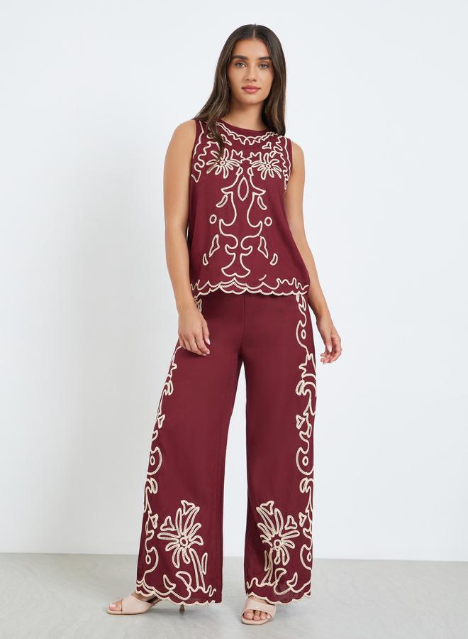 Styli Women Burgundy Sleeveless Embroidered Blouse - Image 4
