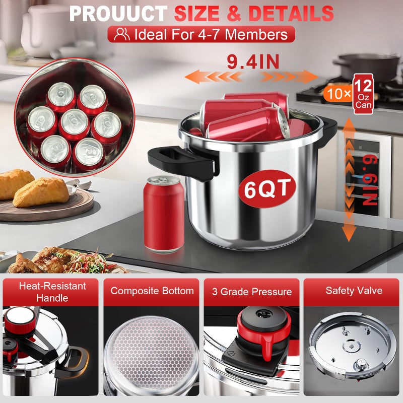 RVGMBO 18/8 Stainless Steel Pressure Cooker 6 Quart, [One-Hand Locking] Olla de Presion, [3-In-1] Pressure Cooker, Includes Glass Lid & Steamer, Induction Compatible, Gas Stovetop Compatible - Image 5