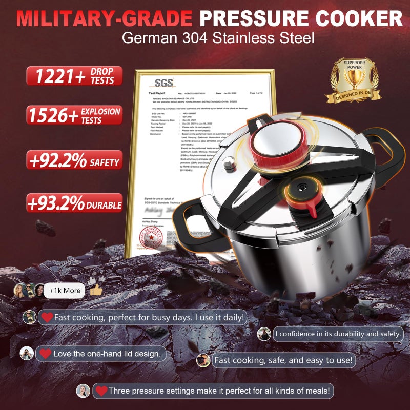 RVGMBO 18/8 Stainless Steel Pressure Cooker 6 Quart, [One-Hand Locking] Olla de Presion, [3-In-1] Pressure Cooker, Includes Glass Lid & Steamer, Induction Compatible, Gas Stovetop Compatible - Image 3
