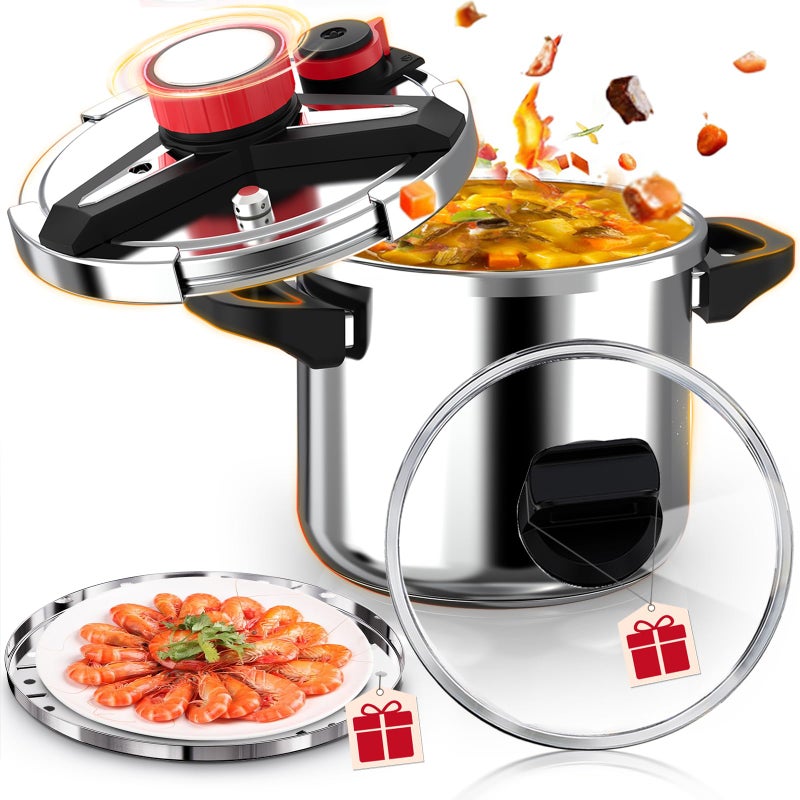 RVGMBO 18/8 Stainless Steel Pressure Cooker 6 Quart, [One-Hand Locking] Olla de Presion, [3-In-1] Pressure Cooker, Includes Glass Lid & Steamer, Induction Compatible, Gas Stovetop Compatible - Image 1