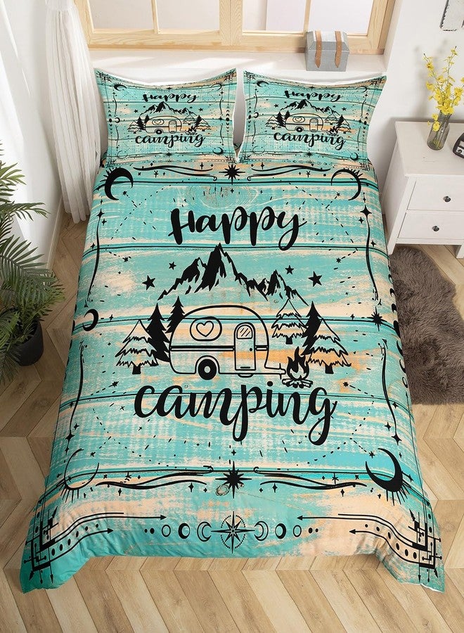Erosebridal Happy Camping Comforter Cover Queen Rustic Camper Bedding Sets for Kids Boys Girls,Rv Accessories Duvet Cover for Travel Trailers Farmhouse Green Wooden Barn Door Bed Set Zipper - Image 1