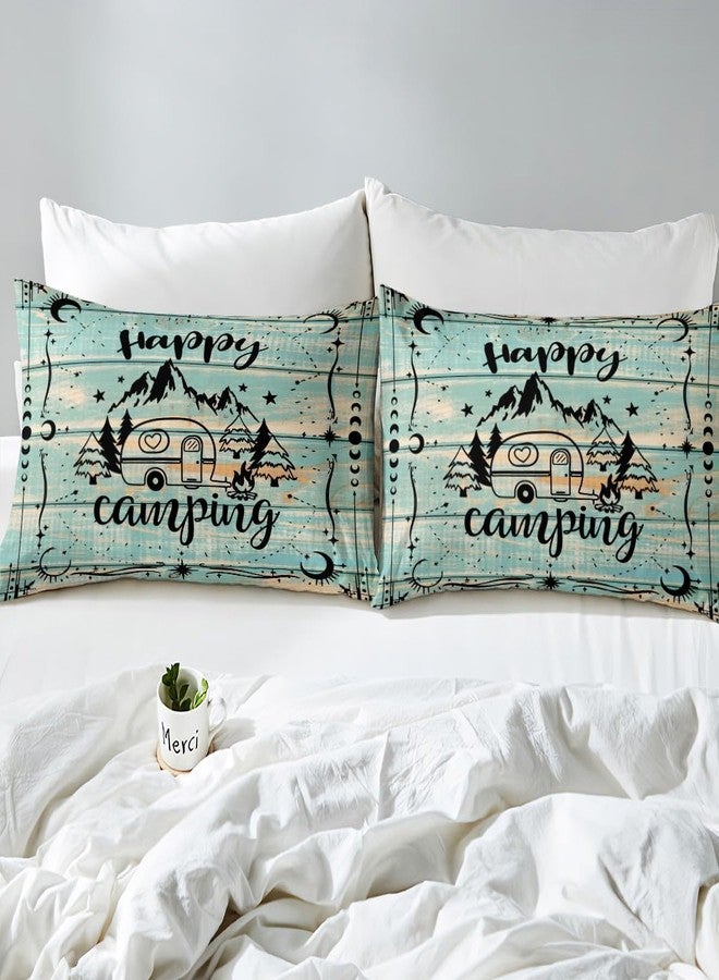 Erosebridal Happy Camping Comforter Cover Queen Rustic Camper Bedding Sets for Kids Boys Girls,Rv Accessories Duvet Cover for Travel Trailers Farmhouse Green Wooden Barn Door Bed Set Zipper - Image 4