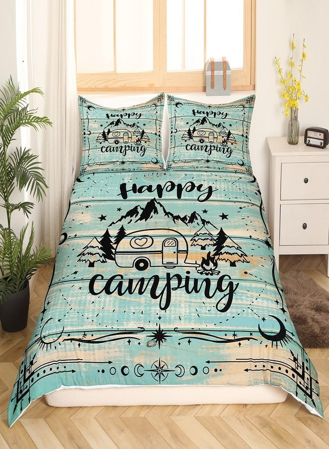 Erosebridal Happy Camping Comforter Cover Queen Rustic Camper Bedding Sets for Kids Boys Girls,Rv Accessories Duvet Cover for Travel Trailers Farmhouse Green Wooden Barn Door Bed Set Zipper - Image 3
