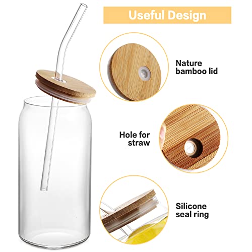 HOMBERKING Glass Cups with Bamboo Lids and Straws 8pcs Set, 20oz Cups, Beer Glasses, Iced Coffee Cups, Cute Tumbler with 2 Cleaning Brushes, Ideal for Cocktail, Whiskey, Tea, Gift - Image 3